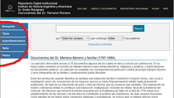 Screenshot aus dem institutionellen digitalen Repositorium der argentinischen und amerikanischen Geschichte (Repositorio Digital Institucional de Historia Argentina y Americana)