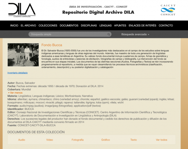 Screenshot des digitalen Repositoriums des DILA (Laboratorio de Documentación e Investigación en Lingüística y Antropológia)