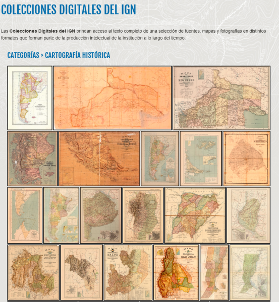 Screenshot der historischen Karten in der digitalen Sammlung des Nationalen Geographischen Instituts (Instituto Geográfico Nacional, Argentinien).