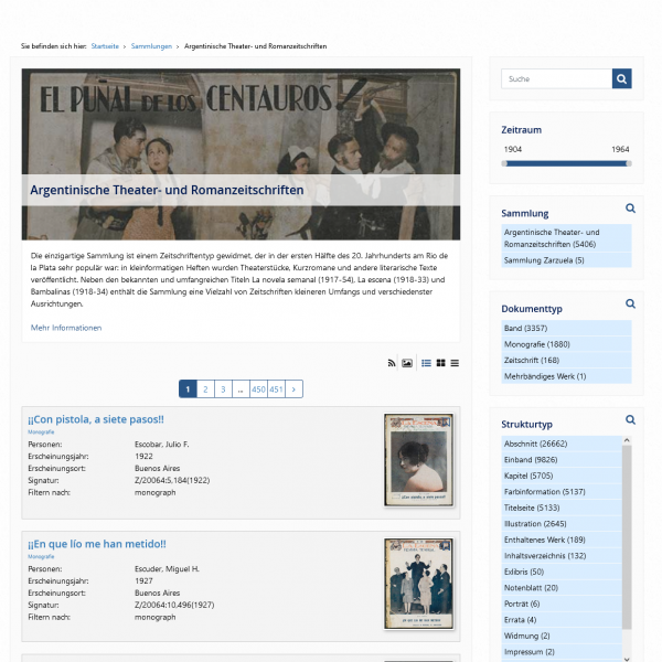 Screenshot der Sammlung „Argentinische Theater- und Romanzeitschriften“ in den Digitalen Sammlungen des Ibero-Amerikanischen Instituts