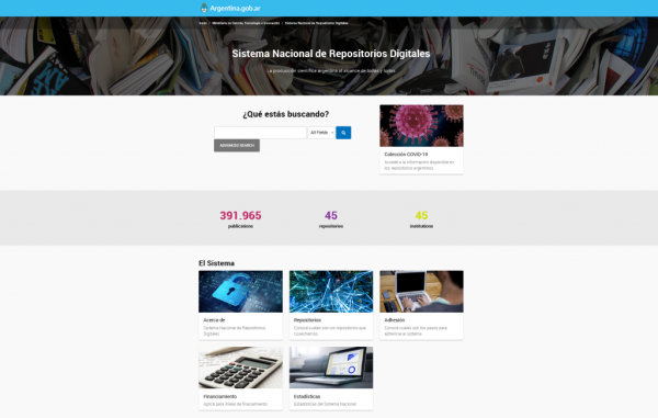 Captura de pantalla del Sistema Nacional de Repositorios Digitales de Argentina