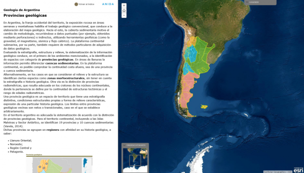 Captura de pantalla del Atlas Nacional Interactivo de Argentina donde se representan las áreas geológicas