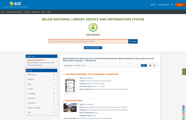 Screenshot aus dem National Library Service and Information System von Belize