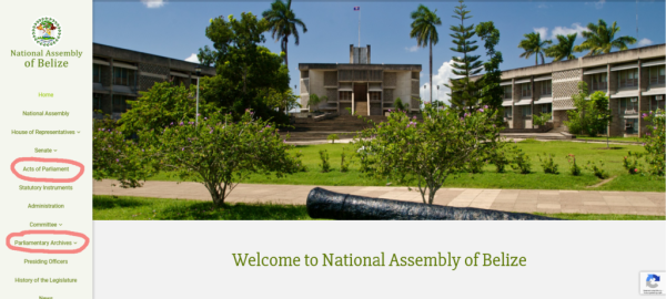 Screenshot der Website des Parlaments von Belize (National Assembly)